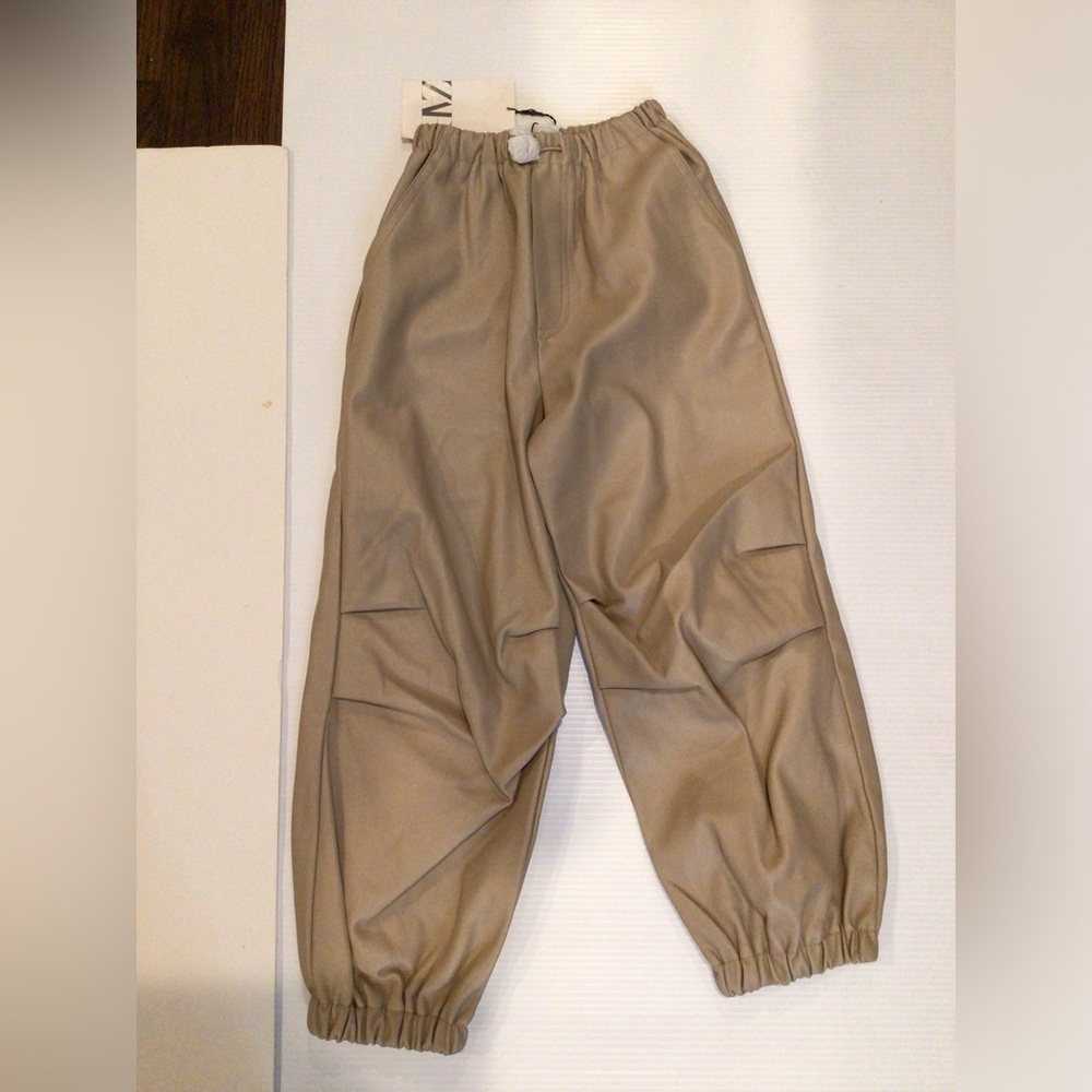Zara Kids Parachute Pants Joggers Faux Leather Tan